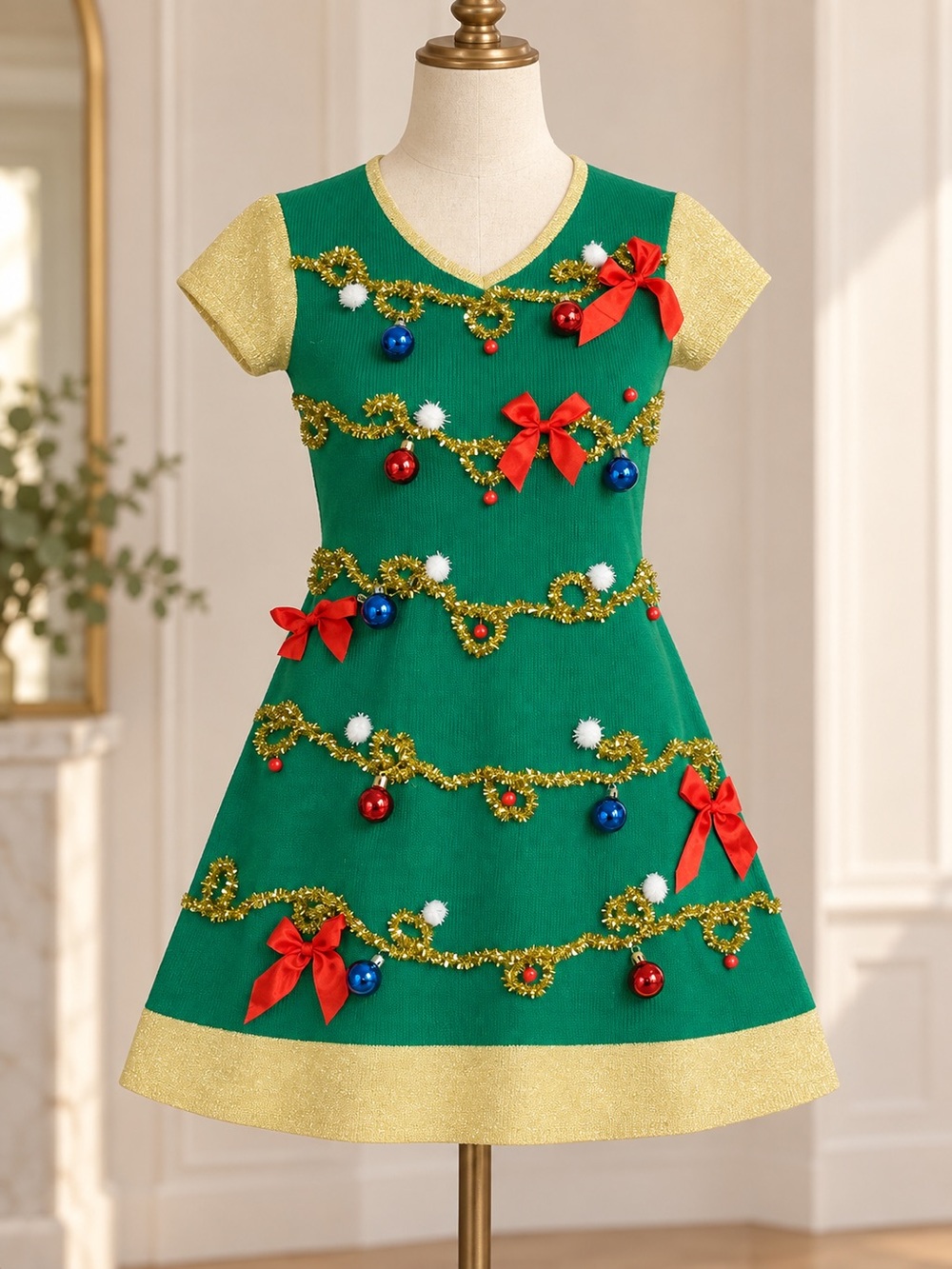 Joyland Christmas Tree Sweater Dress Green Gold Holiday Medium (runs smaller)